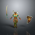 Man With Antler Headdress In Ornate Outfit Holding Sword And Shield