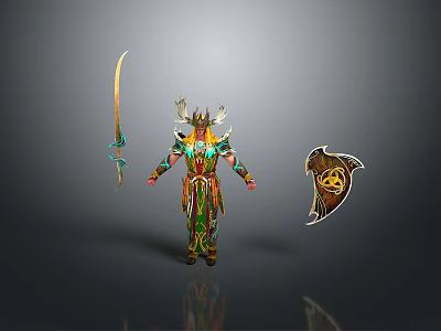 Man With Antler Headdress In Ornate Outfit Holding Sword And Shield 3d model