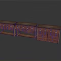 Three Classic Wooden Drawer Cabinets in Dark Brown and Red with Golden Handles