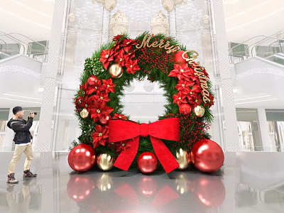Festive Christmas Photo Spot With Large Wreath Red Bow Decorative Balls And Merry Christmas Sign 3d model