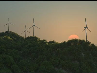 Scenic View Of Wind Turbines On Lush Green Hills During Sunset 3d model