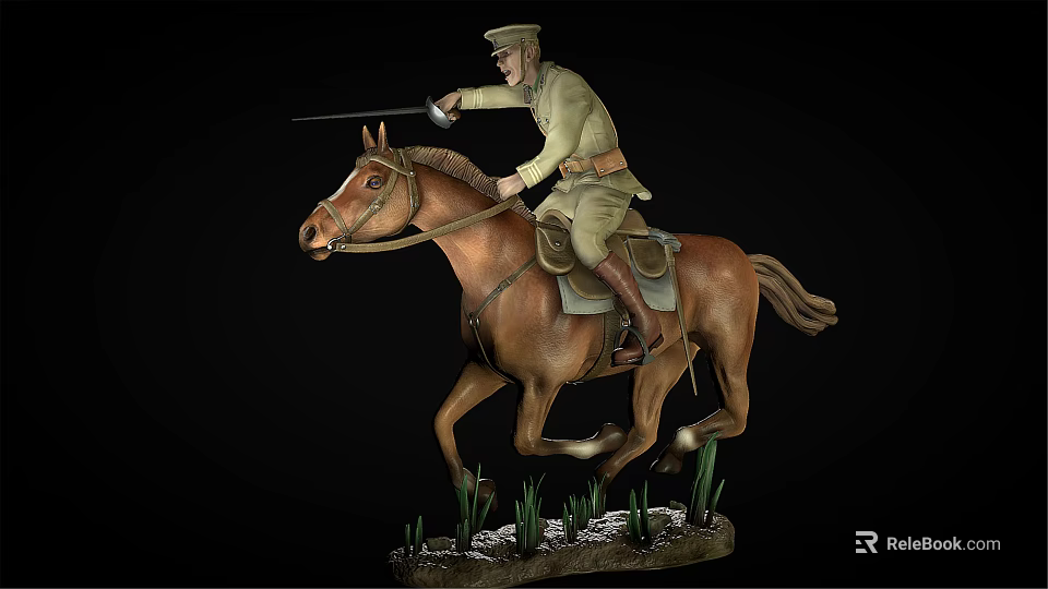Military Soldier Riding Galloping Horse With Lance On Grass Base Statue 3d model 