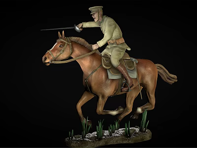 Military Soldier Riding Galloping Horse With Lance On Grass Base Statue 3d model