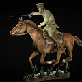 Military Soldier Riding Galloping Horse With Lance On Grass Base Statue