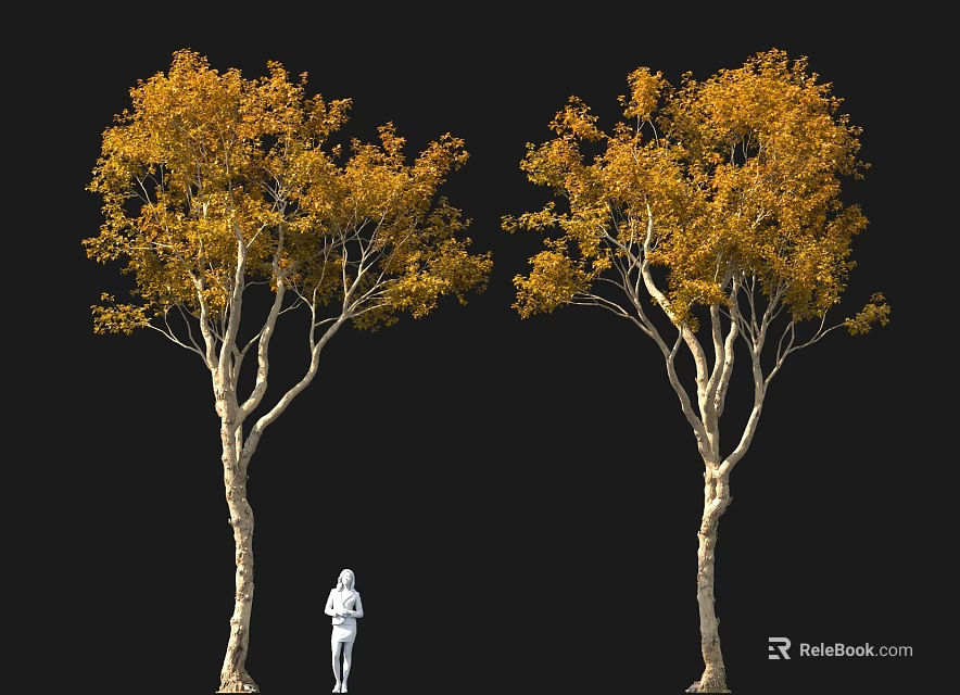 Two Yellow Leaf Trees with White Figure Against Black Background 3d model 