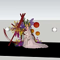 Elegant Bridal Scene With White Wedding Dress Colorful Flowers And Red Lanterns