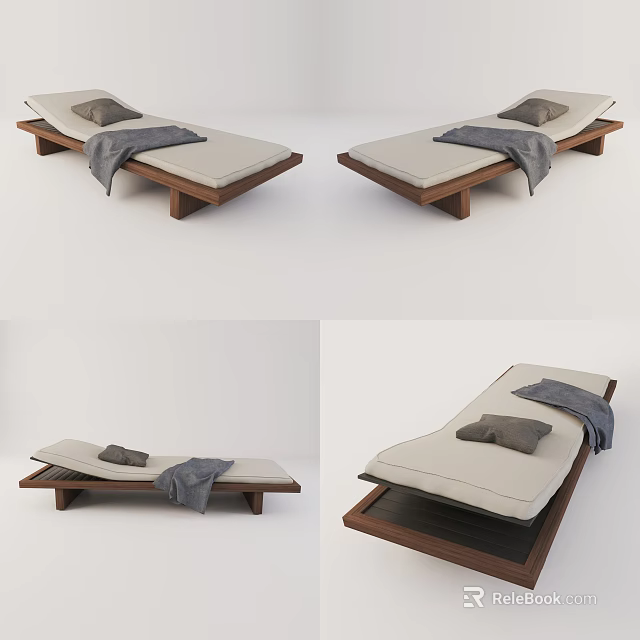 Modern Wooden Frame Lounge Chair With Beige Cushion And Gray Pillow 3d model 