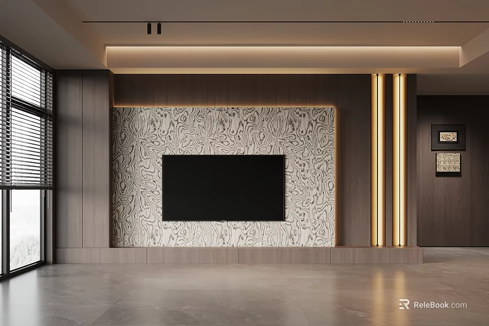 Modern TV Wall Interior Design With Patterned Panel And Gold Accent Lighting 3d model 