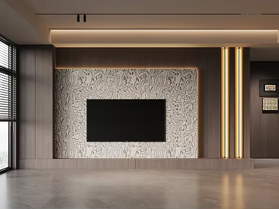 Modern TV Wall Interior Design With Patterned Panel And Gold Accent Lighting 3d model