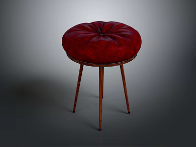 Classic Red Round Tufted Upholstered Stool With Three Wooden Legs Design 3d model