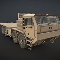 Khaki Military Truck With Large Tires Flatbed Trailer And Spare Tire On Roof