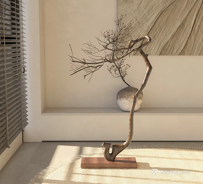 Bonsai Plant With Curved Branches In Ceramic Pot On White Shelf 3d model 