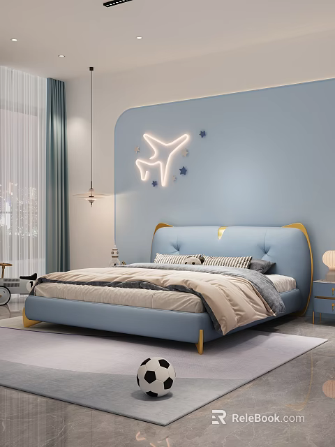 Blue Kids Bed With Gold Accents Modern Children's Bedroom Airplane Neon Light And Star Decorations 3d model 
