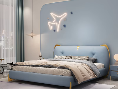 Blue Kids Bed With Gold Accents Modern Children's Bedroom Airplane Neon Light And Star Decorations 3d model