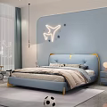 Blue Kids Bed With Gold Accents Modern Children's Bedroom Airplane Neon Light And Star Decorations