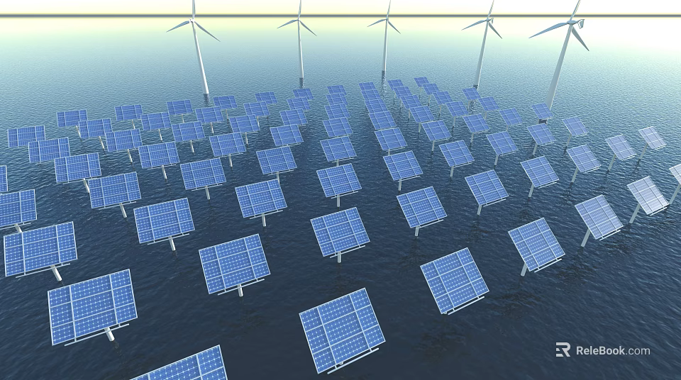 Daily Use Appliances Powered By Offshore Solar Panels And Wind Turbines System 3d model 