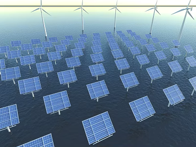 Daily Use Appliances Powered By Offshore Solar Panels And Wind Turbines System 3d model
