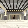Grand Banquet Hall Entrance With Canopy Columns And Stone Wall Design