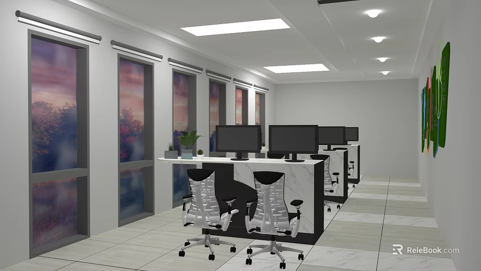 Modern Public Office Area With Computers Marble Countertops And Large Windows 3d model 