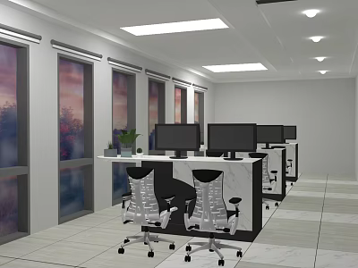 Modern Public Office Area With Computers Marble Countertops And Large Windows 3d model
