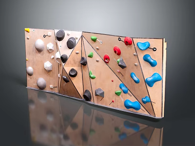Indoor Rock Climbing Wall With Colorful Grip Holds And Wooden Panel Fitness Equipment 3d model