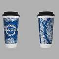 Two Blue And White Patterned Cups With STAGE Text And Black Lids 3d model