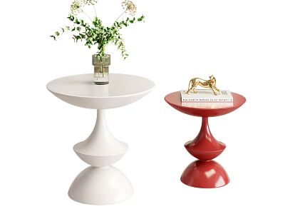White and Red Round Accent Tables Featuring Vase Plant Gold Decor and Book 3d model