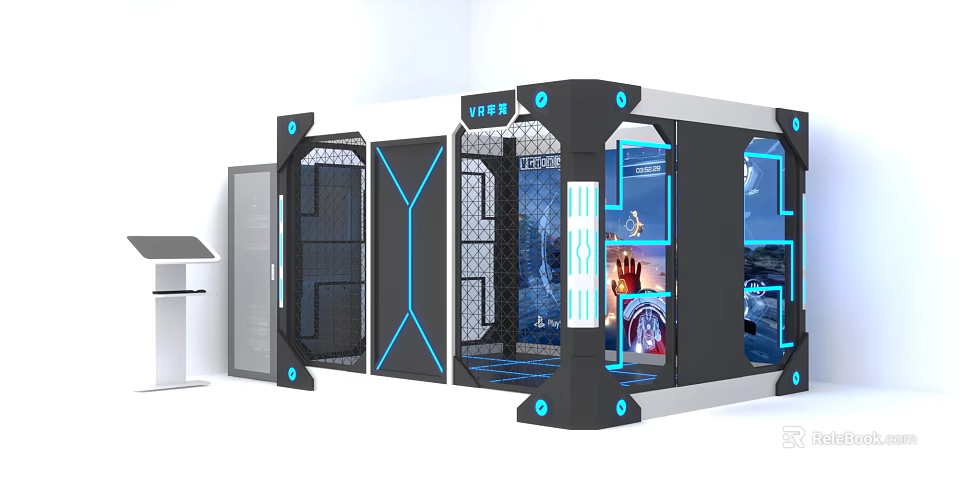 Modern Black Display Unit With Blue Accents Multiple Screens And Side Control Console 3d model