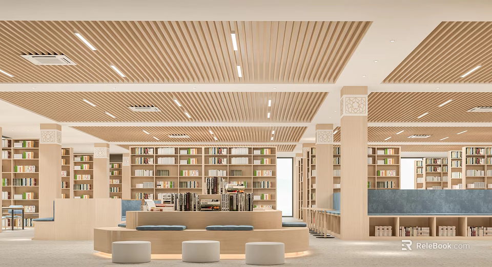 Book Art Themed Library Interior With Wooden Ceiling Bookshelves And Cozy Seating 3d model 