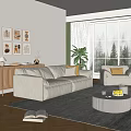 Modern Living Room Interior With Beige Sofa Yellow Cushions Wooden Sideboard And Large Windows