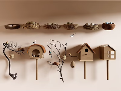 Flying Birds Around Hanging Nests And Birdhouses On Wall With Branches 3d model