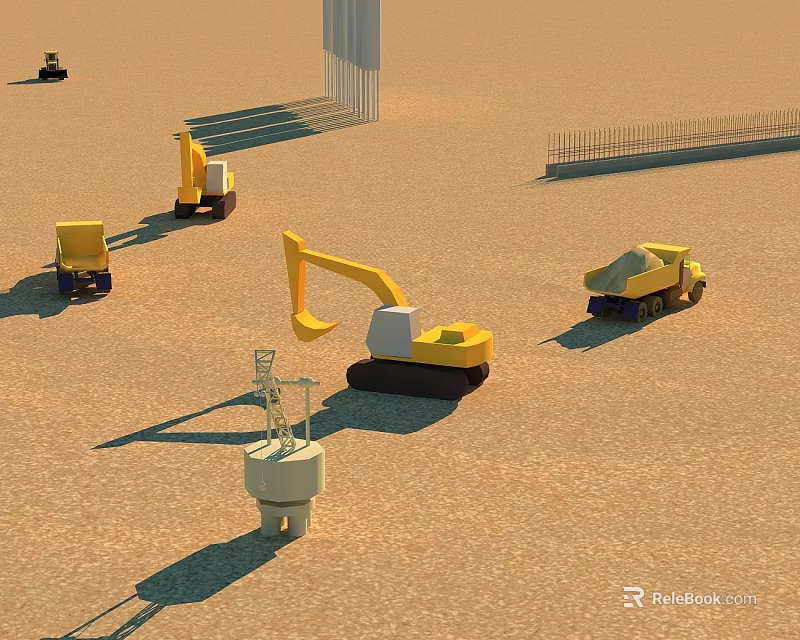 Outdoor Landscape Sculpture White Columnar Structure with Construction Vehicles on Site 3d model 