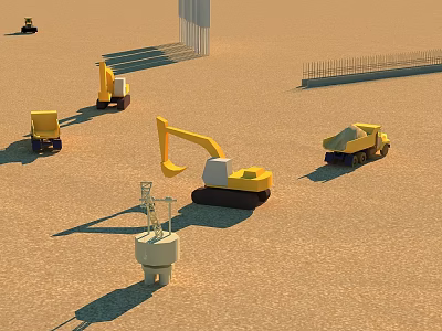 Outdoor Landscape Sculpture White Columnar Structure with Construction Vehicles on Site 3d model