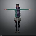 3D Character Model With Green Top Purple Striped Scarf Gray Skirt Black Stockings Arms Outstretched