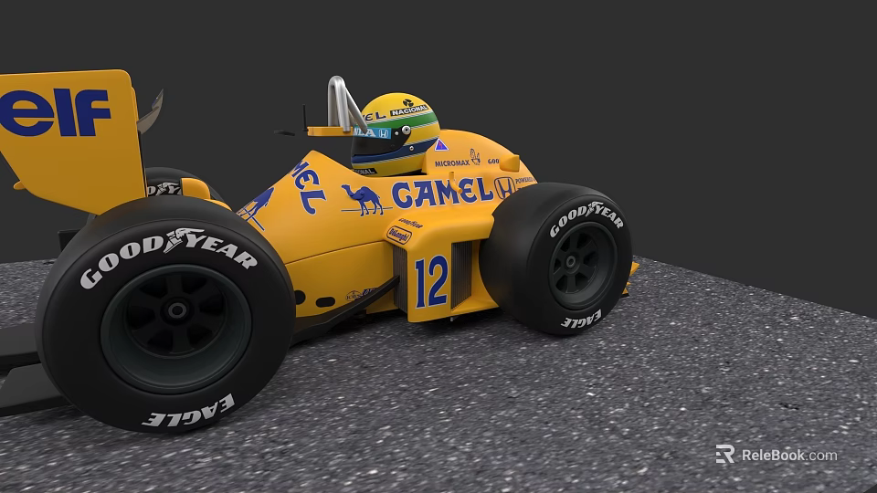 Race Car Driver Doll In Yellow Racing Car With 12 CAMEL Logo And Goodyear Tires 3d model 