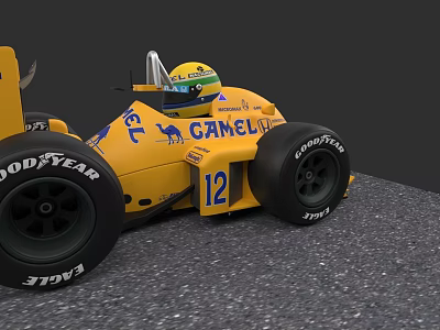 Race Car Driver Doll In Yellow Racing Car With 12 CAMEL Logo And Goodyear Tires 3d model
