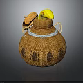 Yellow Bird Peeking Out From Brown Woven Basket With Lid And Patterns
