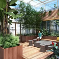 Lush Villa Balcony with Glass Roof Tall Green Plants Wooden Flooring and Outdoor Lounge Area