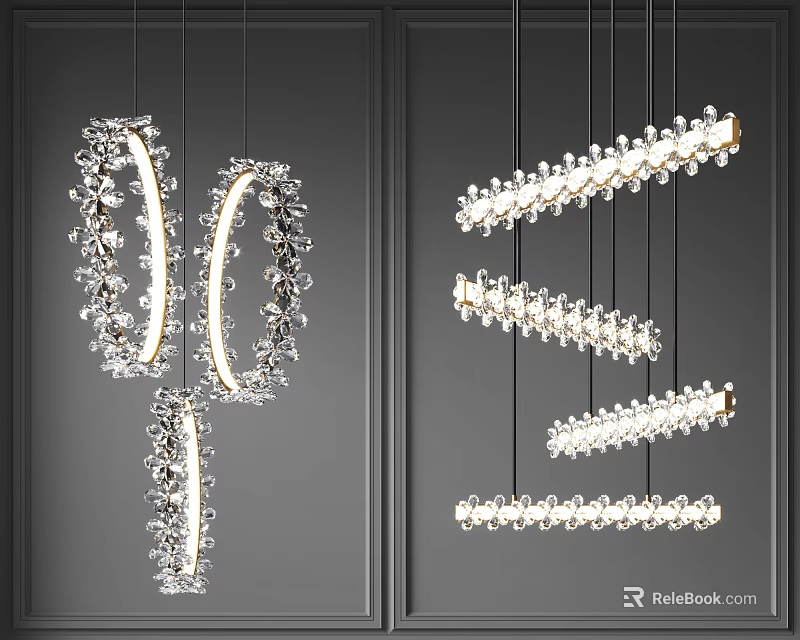 Modern Crystal Chandelier Design With Circular And Linear Hanging Lighting Fixtures 3d model 