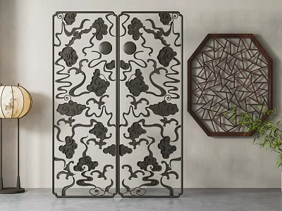 Traditional Chinese Carved Room Divider with Intricate Openwork Patterns and Octagonal Wall Decor 3d model