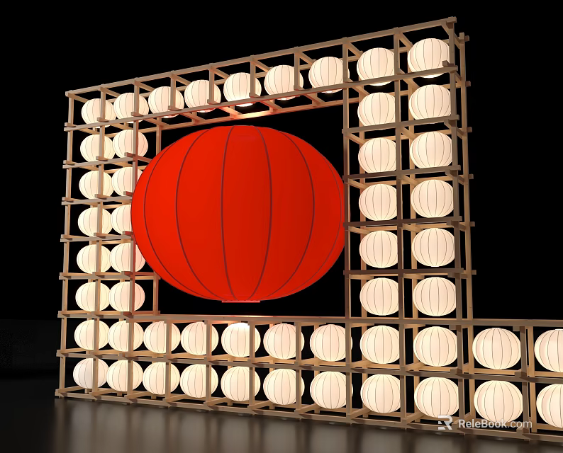 Traditional Chinese Photo Spot with Red Lantern and Wooden Frame Round Lights 3d model 