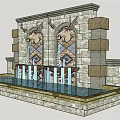 Stone Feature Wall With Symmetrical Deer Head Decor Water Flow And Pool Base 3d model