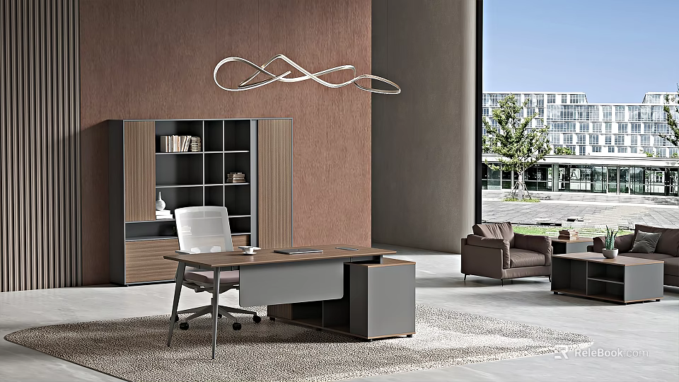 Modern Office Desk In Spacious Bright Interior With White Chair Bookcase Pendant Light And Sofa 3d model 