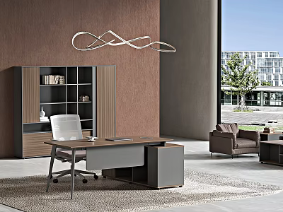 Modern Office Desk In Spacious Bright Interior With White Chair Bookcase Pendant Light And Sofa 3d model