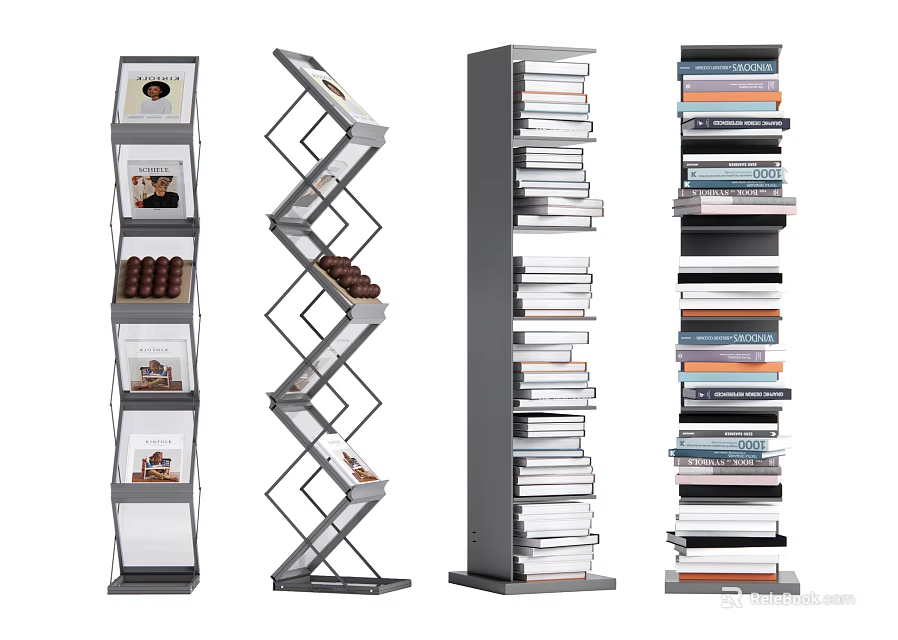 Various Modern Bookcase Designs With Spiral Vertical Structures And Stacked Books 3d model