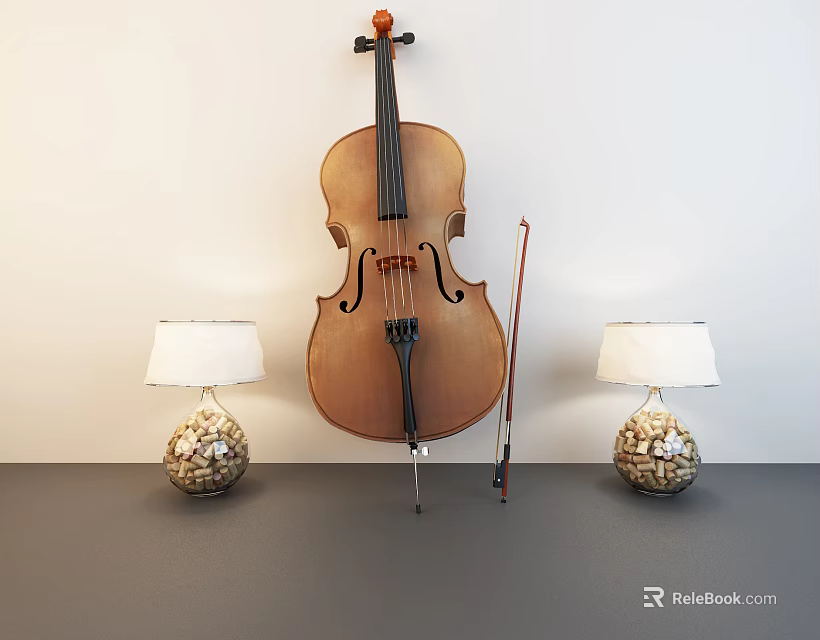 Classic Cello Leaning Against Light Wall With Patterned Table Lamps On Gray Tabletop 3d model 