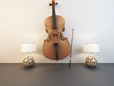 Classic Cello Leaning Against Light Wall With Patterned Table Lamps On Gray Tabletop 3d model