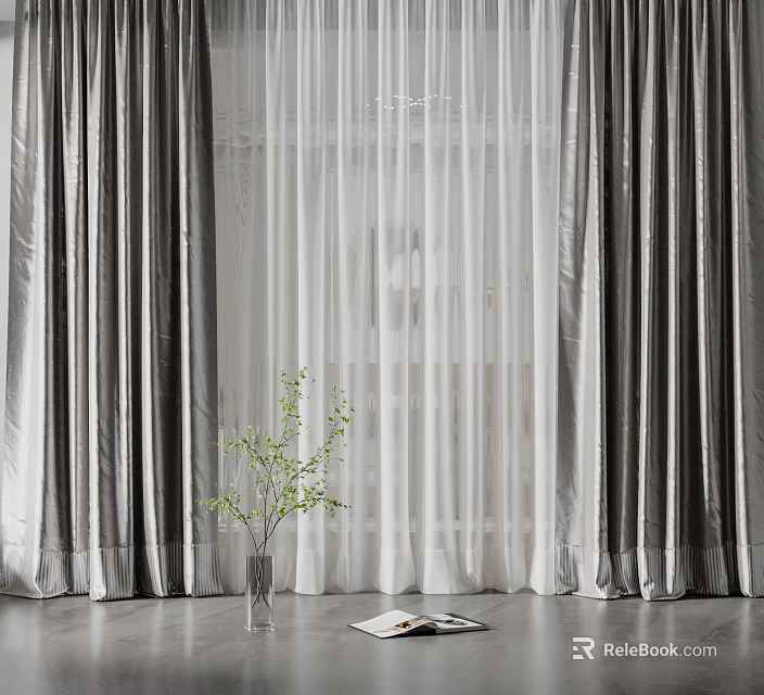 Elegant Gray Curtains With White Sheer Panels For Home Interior Decoration 3d model 