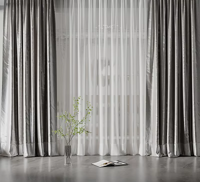 Elegant Gray Curtains With White Sheer Panels For Home Interior Decoration 3d model