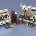 Various Weapons Display On Metal Shelves With Ammunition Cans Tools And Storage Cabinets